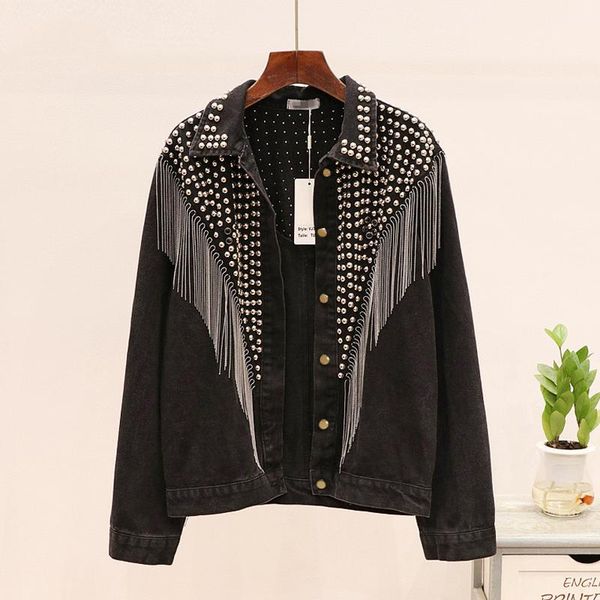 

women's jackets chaquetas mujer denim jacket women spring autumn streetwear hand-studded rivet tassel chain short jeans loose black coa, Black;brown