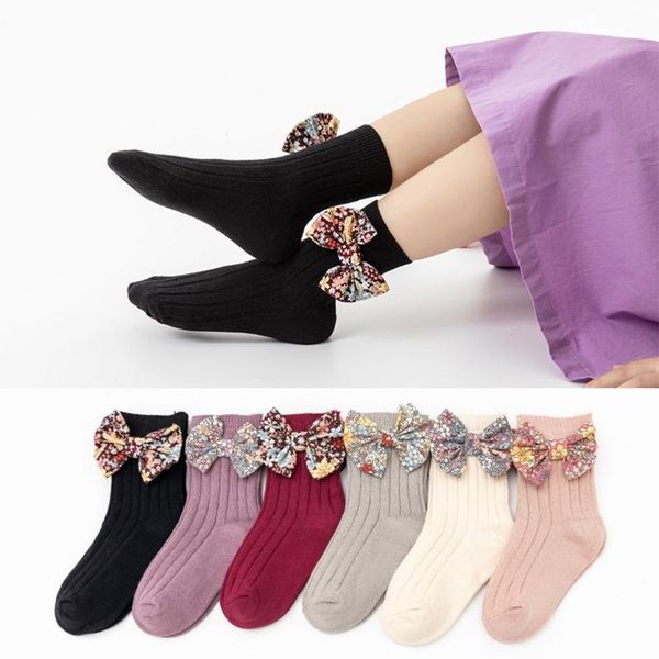 

toddler baby girls cotton crew socks sweet vintage floral print bowknot infants princess mid-calf stockings hosiery 1-7y, Pink;yellow
