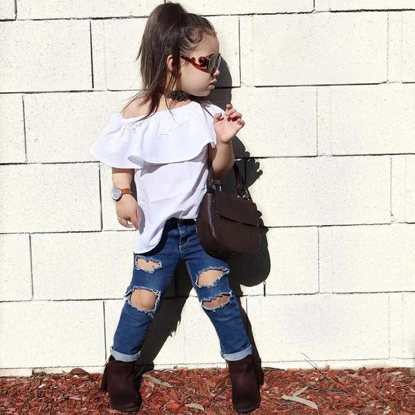 

0-7y fashion kids baby girl clothes off shoulder ruffle collar short sleeve white blouse+holes denim pants summer 2pcs clothing sets