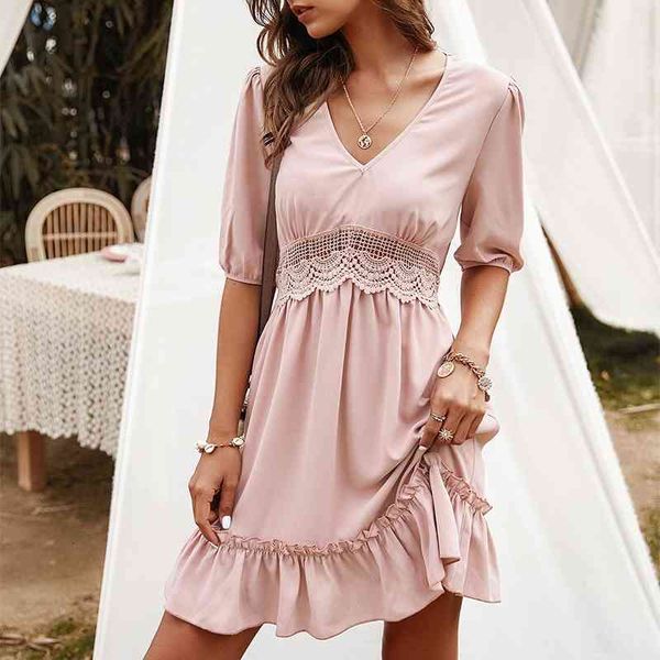 

casual dresses ruffles women dress hollow out macrame patchwork short sleeve high waist solid color elegant female vestidos ymmr, Black;gray