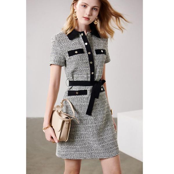 

party dresses woman pocket 2021 dress woven round neck vintage hollow puff sleeve button belt vestido de mujer, White;black