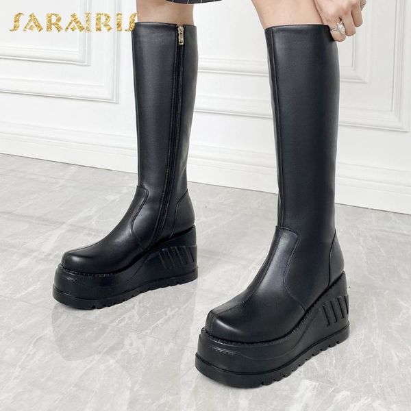 

boots sarairis 2021 arrivals genuine leather high heels mid calf woman shoes platform zip up autumn ladies footwear, Black