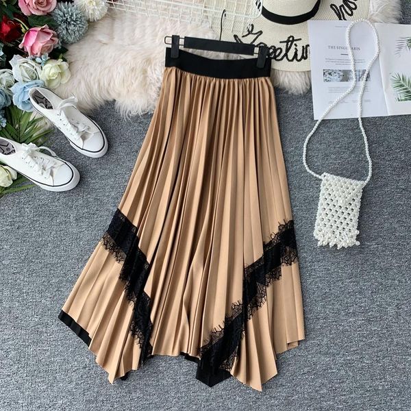 

skirts collection women high waist slim irregular a-line swing pleated skirt ladies mid-calf stripe long for autumn, Black