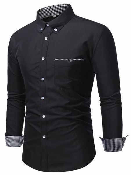 

men gingham cuff pocket front button down shirt l4pj#, White;black