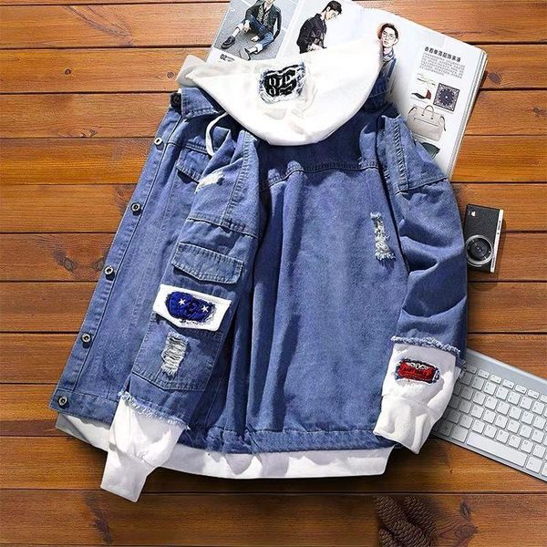 

men's jackets denim jacket men hip hop streetwear hooded autumn spring fashion brand clothing hole patchwork casual cowboy coat, Black;brown