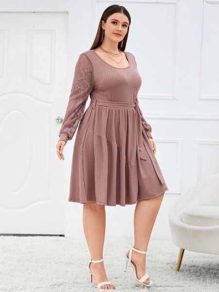 

plus contrast lace belted dress g6i6#, Black
