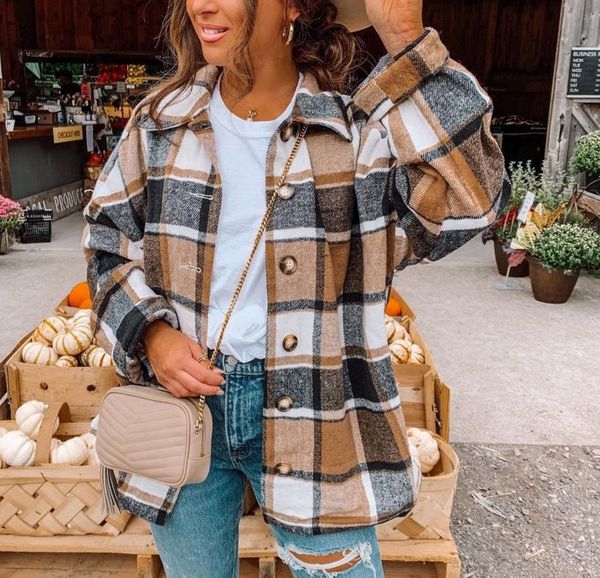 

2021 autumn casual plaid shirts women coats buttons pockets female jackets coat streetwear ladies spring loose coats outerwear, Black;brown