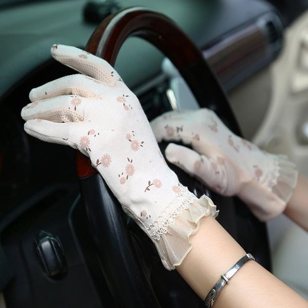 

five fingers gloves 2021 fashion flowers women' summer driving non-slip block uv touch screen breathable cotton for women, Blue;gray
