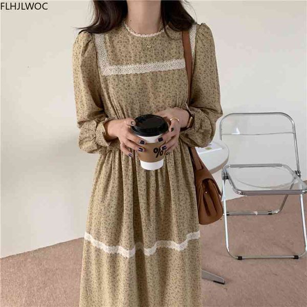 

casual dresses spring autumn women cute sweet loose floral printed patchwork white lace retro vintage long maxi o2562 prea, Black;gray