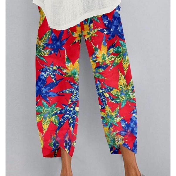 

women's pants & capris women summer casual loose elastic waist vintage linen print cropped oversized calf length trousers, Black;white