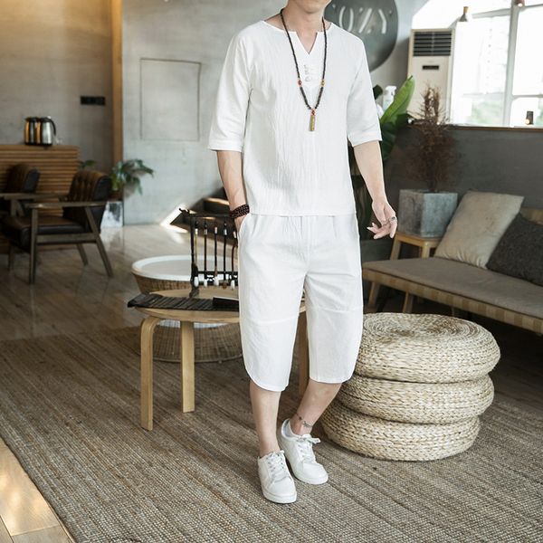 

men's tracksuits chinese style cotton hemp suit 2021 summer thin leisure sports large short sleeve two piece, Gray
