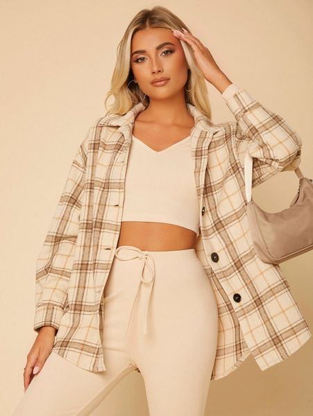 

petite plaid print drop shoulder overcoat e1wb#, Black