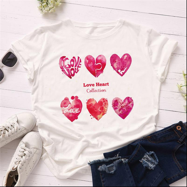

womens t shirt women summer short sleeve love print kawaii aesthetics shirts female graphic tees heart collection top, White