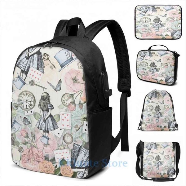 

funny graphic print alice in wonderland collage usb charge backpack men school bags women bag travel laptop