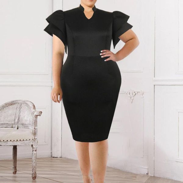 

plus size dresses ruffle sleeve black bodycon knee length elegant fashion birthday party dinner spring autumn lady dress suits