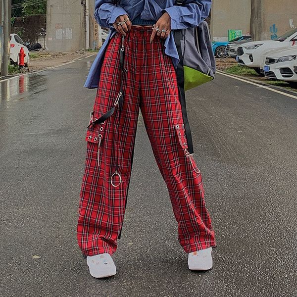 

women's pants & capris vintage deeptown chess autumn jeans hip hop leg down ladies'trousers streetwear women's plaid pants 54, Black;white