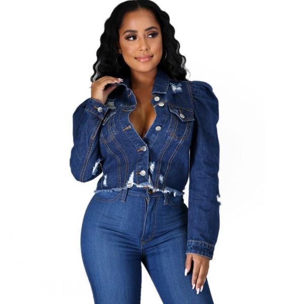 

women's jackets autumn winter women denim with tassel full sleeve turn down collar outwear fashion ripped hole streetwear pockets jacke, Black;brown