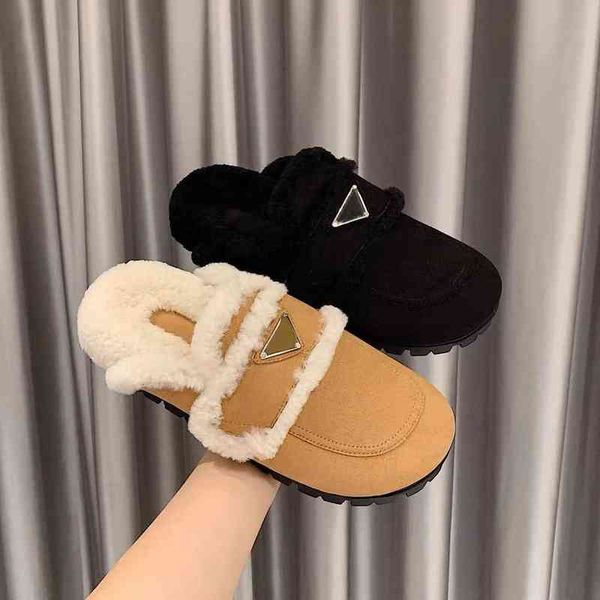

p flat bottom triangular standard wool baotou slippers lazy muller shoes wear wool semi slippers for women, Black