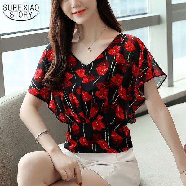 

summer vintage print chiffon blouse plus size loose blouses women casual v-neck short sleeve female shirt blusas 8836 210508, White