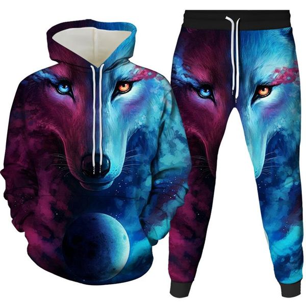 

men's tracksuits spring and autumn 3d wolf digital printing hooded pullover, sweater trousers women's sportswear two piece set, Gray