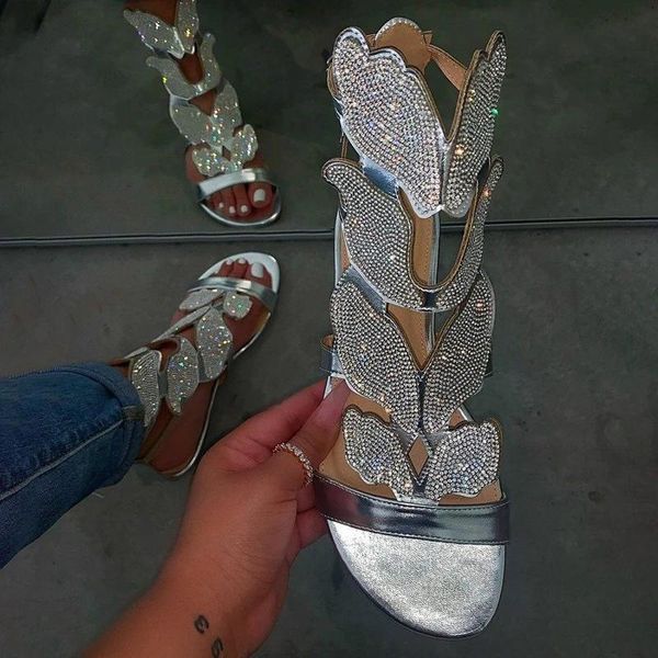 

women summer sandals butterfly crystal bling suquined cloth buckle strap fashion shoes casual ladies plus size, Black
