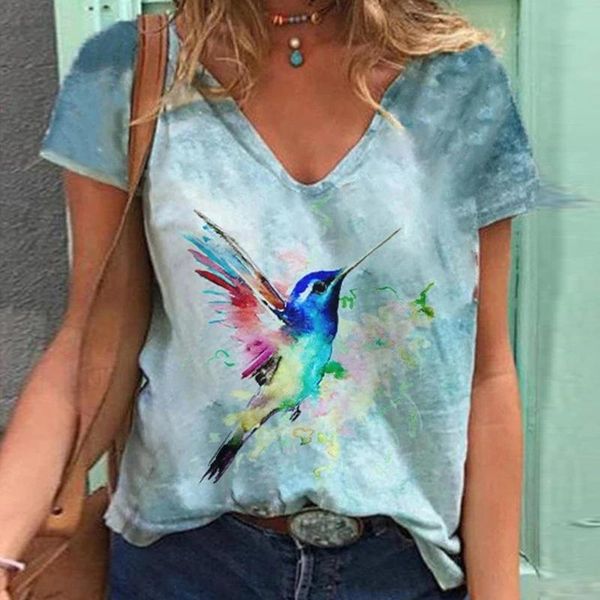 

women's t-shirt summer shirt 2021 fashion womens t est v-neck short sleeves bird printing vintage casual oversize tee ropa mujer, White