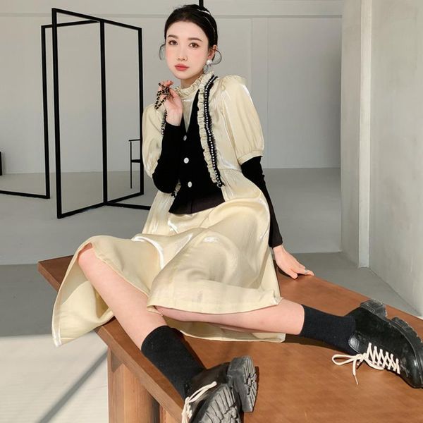 

spring stand collar long-sleeved black and beige contrast color french style vintage dress for women c859 casual dresses, Black;gray