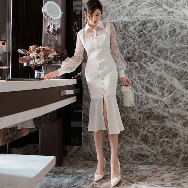 

casual dresses 2021 spring bodycon lace patchwork mermaid dress women white turn-down collar long sleeve office lady elegant party, Black;gray