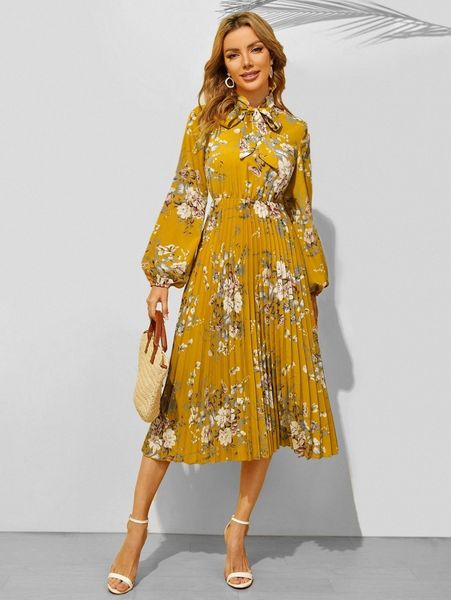 

tie neck lantern sleeve pleated floral dress n14f#, Black;gray