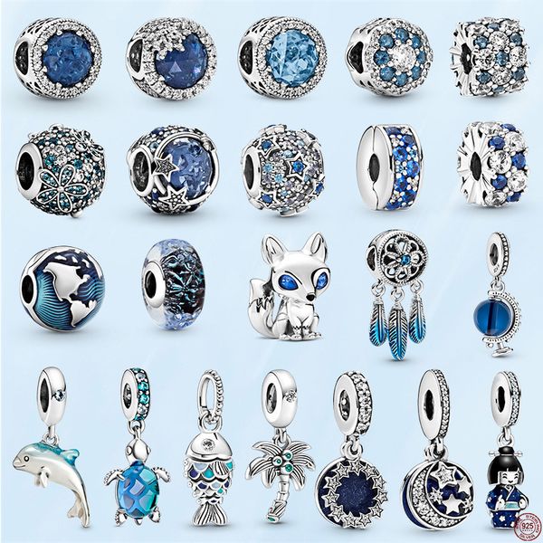 Charm-Anhänger aus 925er-Sterlingsilber, Fisch, Meeresschildkröte und blauäugiger Fuchs, blaue Serie, passend für Pandora-Armbänder oder Halsketten-Anhänger, Damengeschenk mit Original-Beutel