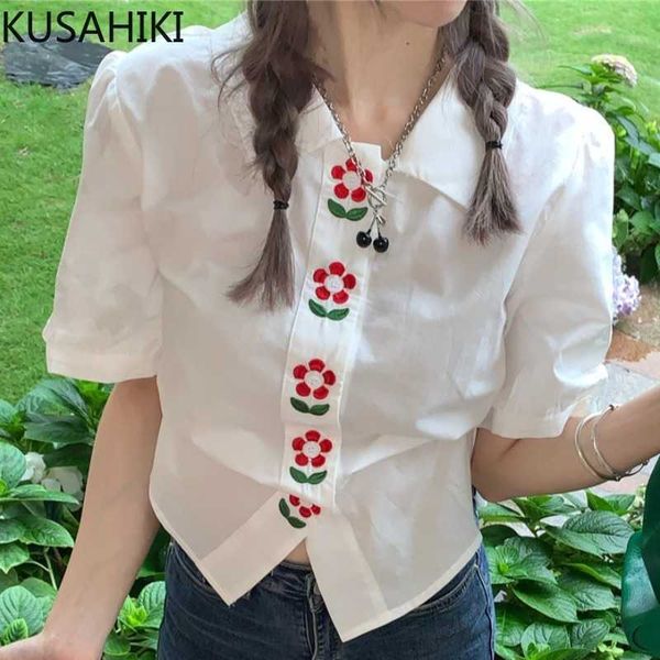 

kusahiki vintage floral embroidery sweet women korean puff sleeve turn-down collar blouse summer blusa shirt 6h767 210602, White