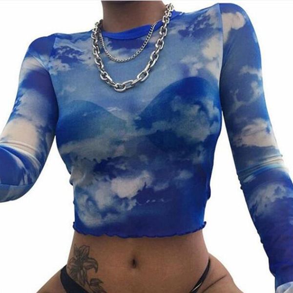 

sky and clouds print stretch hip hop short t shirt women long sleeve o neck crop streetwear fashion clothes female t-shirt women's, White