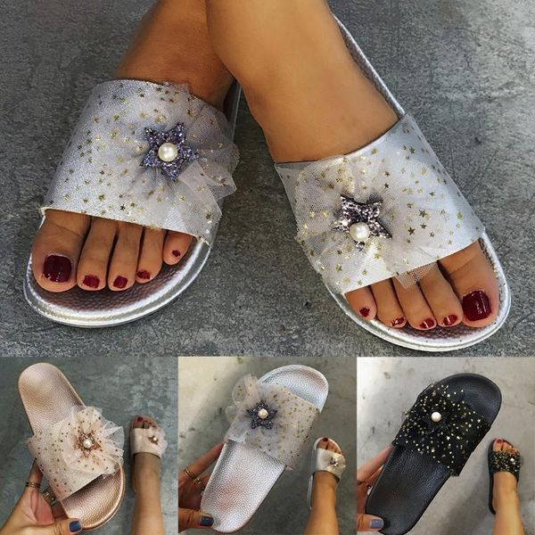 

slippers sagace women lace pearl non-slip slides ladies casual shoes bathroom summer sandals soft sole flip flops, Black