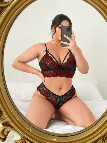 

plus floral lace harness lingerie set 26gp#, Black;white