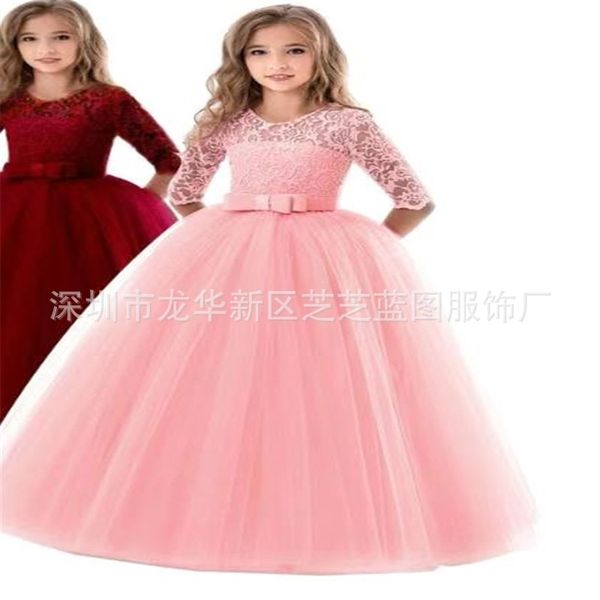 

new 2021 lace princess dress middle big long sleeve flower children's wedding dress, Red;yellow