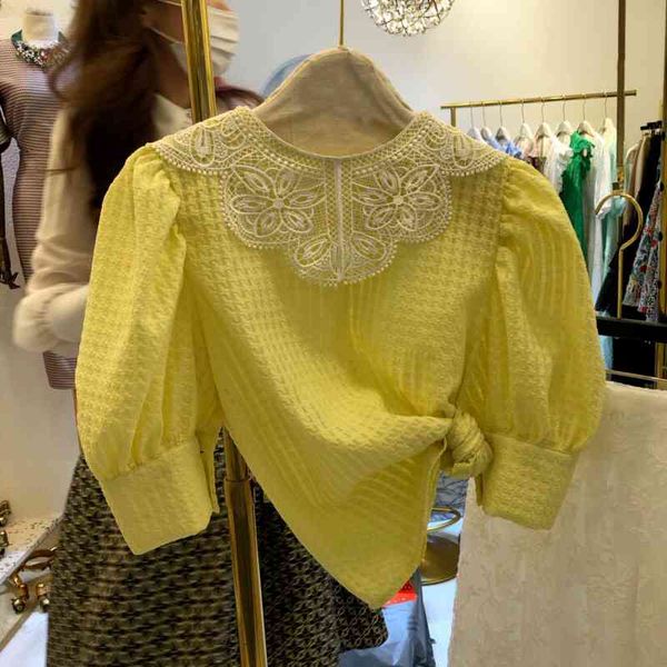

sweet lace patchwork shirts women blouses fashion puff sleeve woman korean style summer short sleeve ropa mujer 210514, White