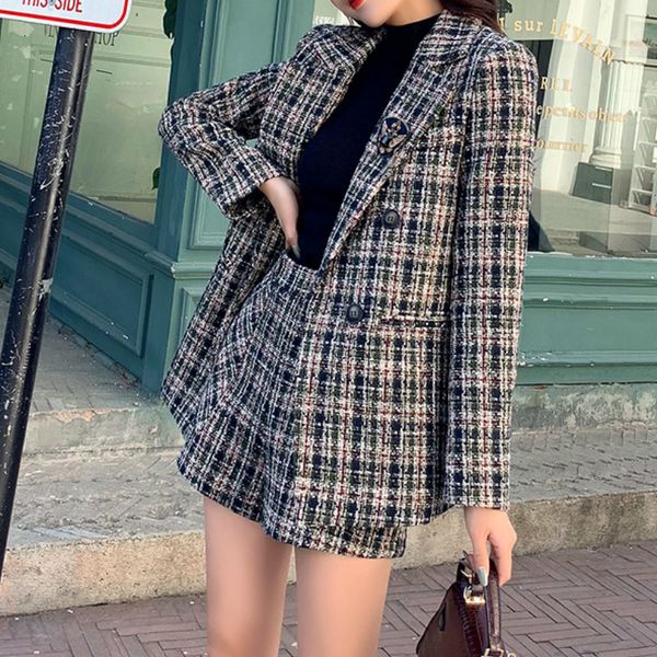

women's two piece pants fall winter women tweed blazer shorts suit double breasted long sleeve jacket and plaid woolen short high, White