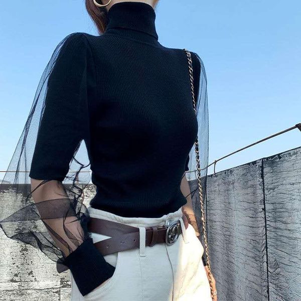 

women's sweaters korean chic elegant turtleneck knitted mesh patchwork knitwear sweater 2021 autumn winter women pullovers, White;black