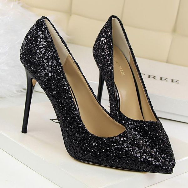 

europe & america shoes for women 2021 high heels shallow pointed toes with glittering sequins nightclub luxury dress, Black