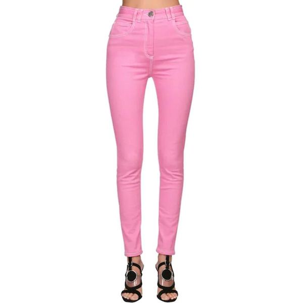 

women's jeans est nice designer stitching contrast pink denim pants, Blue