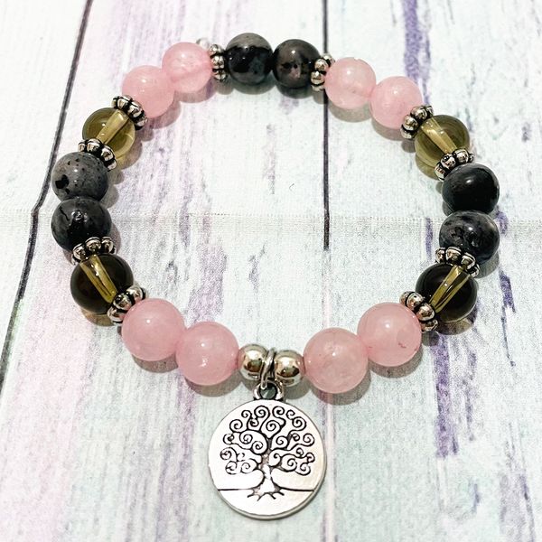 MG0342 Feminina Árvore de Vida Charme Pulseira Natural Rosa Quartz Smoky Quartz Pulseira Cinza Larvikite Energia de Energia Yoga Mala Bracelete