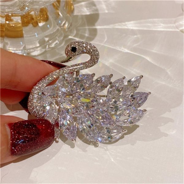 

swan brooch for women's joker super flash zircon corsage fashion clothes pin buckle luxury accessories birthday holiday gifts, Gray