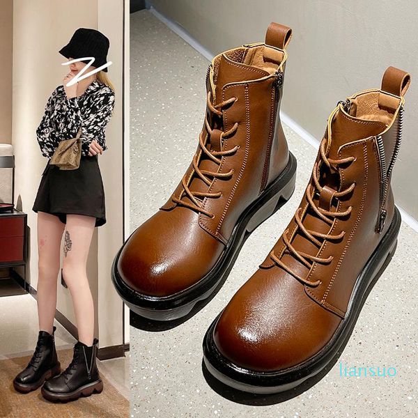 

slippers female british style thick-soled high-boots retro zipper tooling black brown ankle leather women non-slip shoes