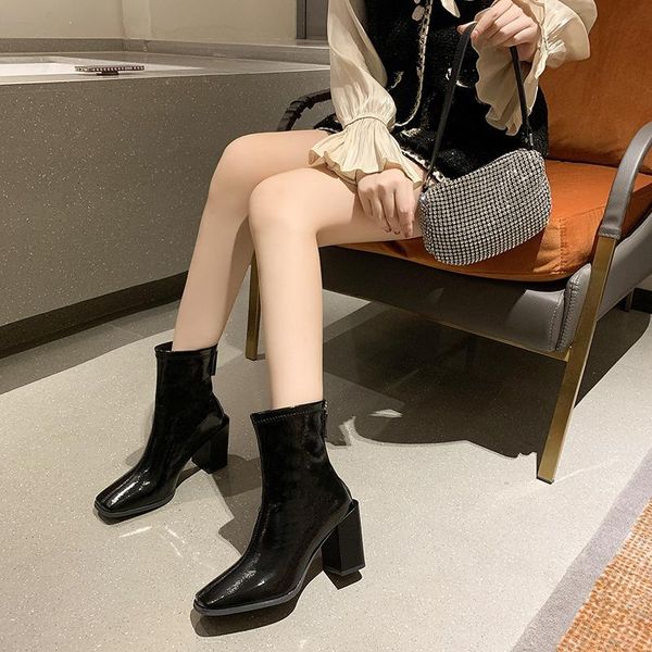 

boots 2021 winter women ankle square toe square-heels warm zip short, Black