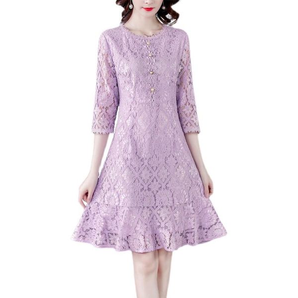 

casual dresses lukaxsikax 2021 spring autumn women three quarter sleeve slim mini mermaid dress elegant vintage purple lace, Black;gray