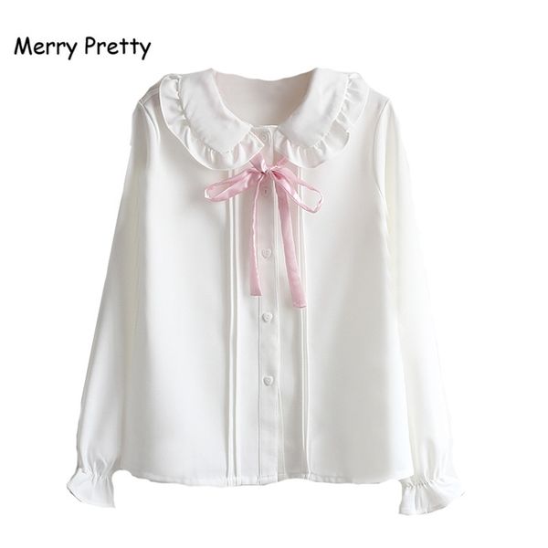 Merry Linda Mulheres Blusas Outono Outono Manga Longa Peter Pan Collar Rosa Bowknot Branco Chiffon Blusa Camisa Uniforme Escolar Top 210719