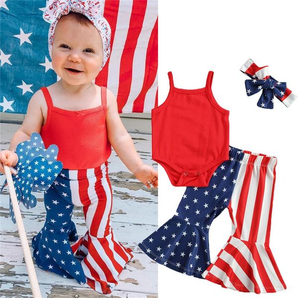 

clothing sets 3pcs baby independence day outfit solid color spaghetti straps romper + star stripe flare trousers for born girls, White