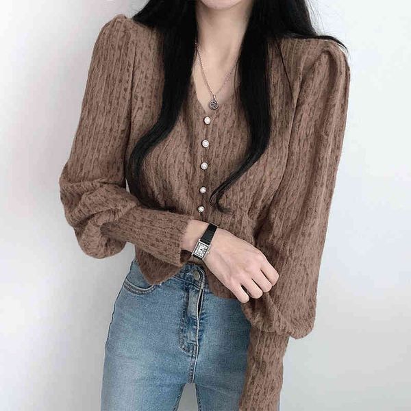 

Chic Shirt Woman Spring Korean Ins Solid Single-breasted V-neck Slim Puff Sleeve Brushed Lace Short Shirt Tide, White