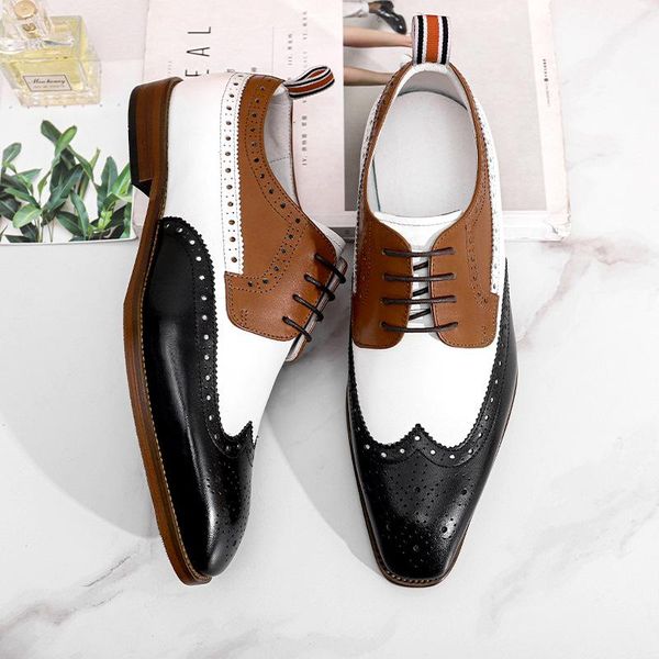 

summer classic wedding shoes for men flat handmade white black mixed color genuine leather brogue formal size 37-46 dress