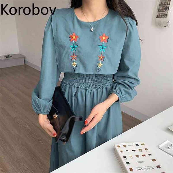 

korobov korea chic age-reducing retro embroidery flowers round neck folds waist slimming mid-length puff sleeve dress women 210430, Black;gray
